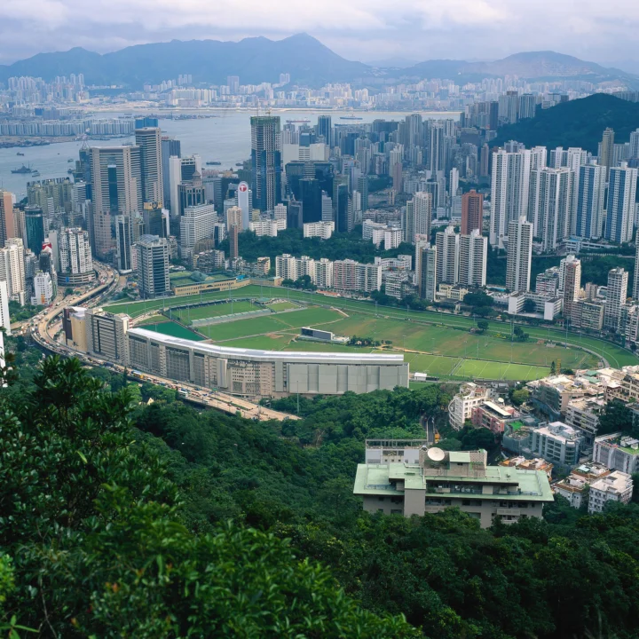 高处俯瞰城市高楼、海湾、体育场与远处山脉。