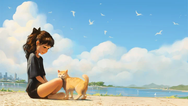 一名动漫风格的女子坐在沙滩上，身旁有一只橘猫，背景是蓝天、白云和海水。