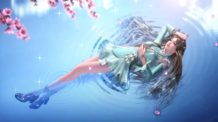一名身穿浅蓝色服装的动漫女性漂浮在水面上，周围点缀着樱花花瓣和光影。