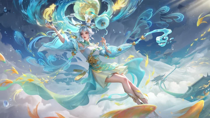 一名身穿浅蓝色服饰的动漫女性漂浮在云海与锦鲤之间，周围环绕着流动的蓝色光影。