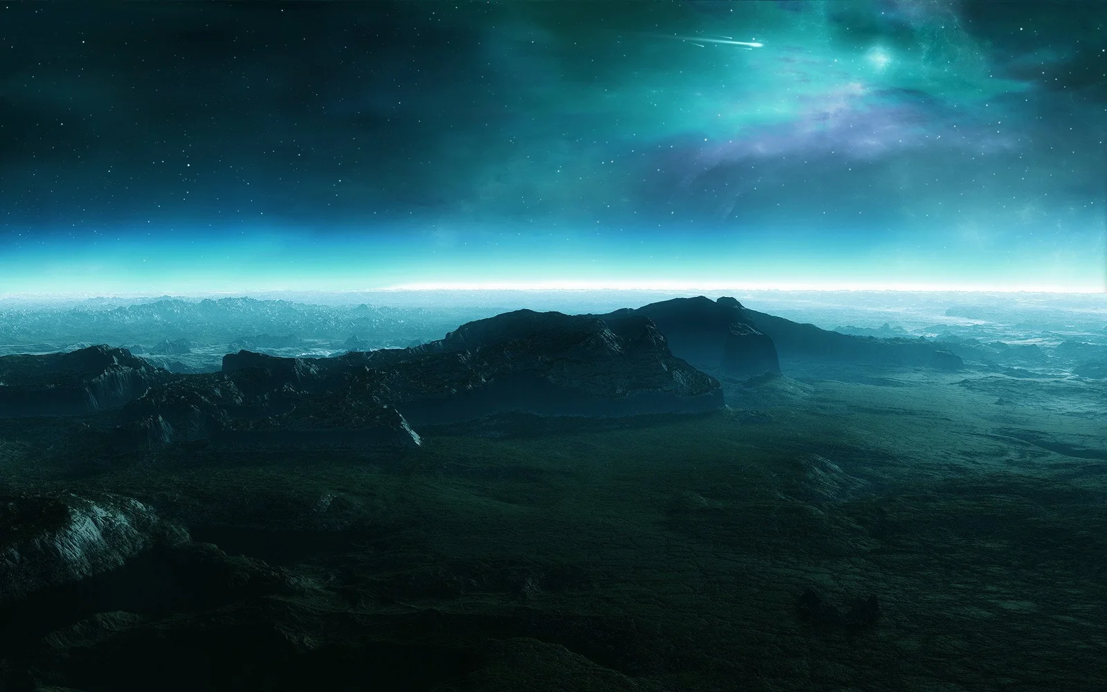蓝绿色星云与星空映照着下方深色的异星山地地貌。
