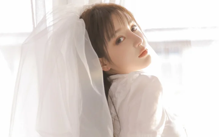 一名戴着白色头纱、穿着白色衣服的女性在明亮窗边回眸。