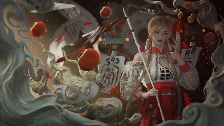 一名身穿红色传统服饰的成年女性插画人物置于灯笼、书法元素与 swirling 云雾之间。