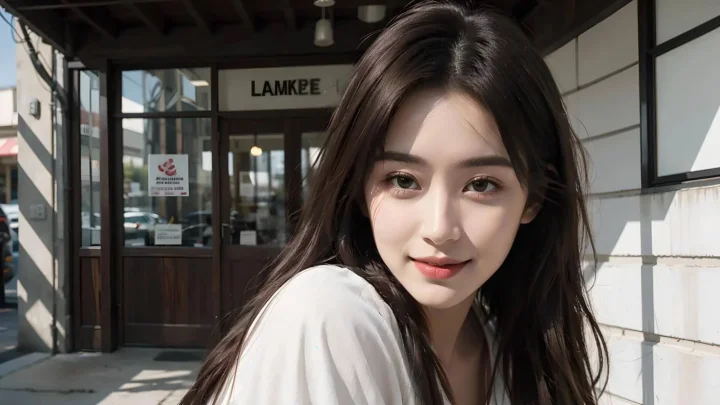 一名长发女性站在咖啡馆入口前，面向镜头微笑。