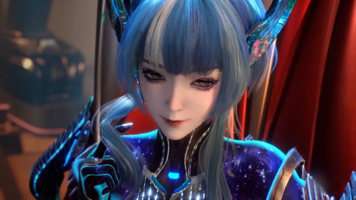 青い髪のアニメ風キャラクターが、青い発光部のあるファンタジーアーマーを身に着け、赤い背景の前に立っています。