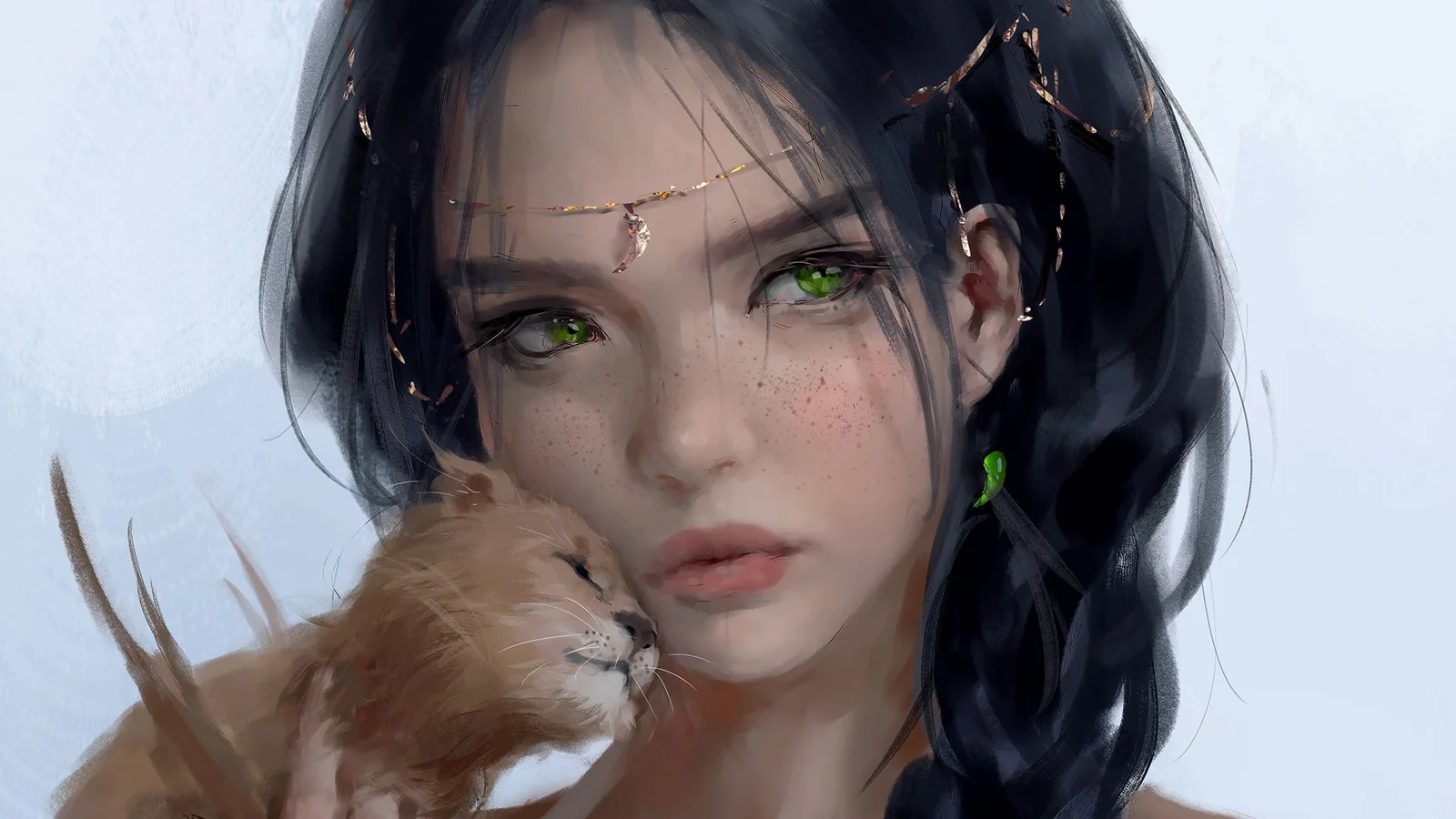 一位黑发绿眸的动漫女性近距离肖像，脸旁有一只棕色小动物。