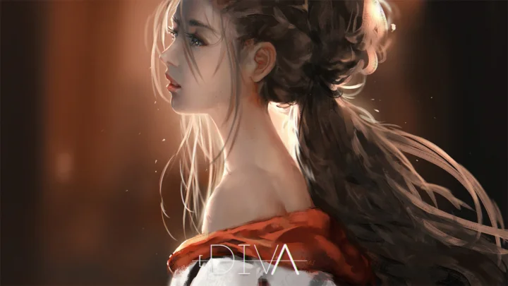 画面展现一位长发动漫女性的侧脸，身着红色服饰，沐浴在温暖光线中，背景较暗，底部可见“DIVA”字样。
