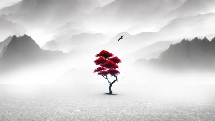 一棵红叶树立于雾气弥漫的山水之间，远处可见层叠山峰和飞鸟。
