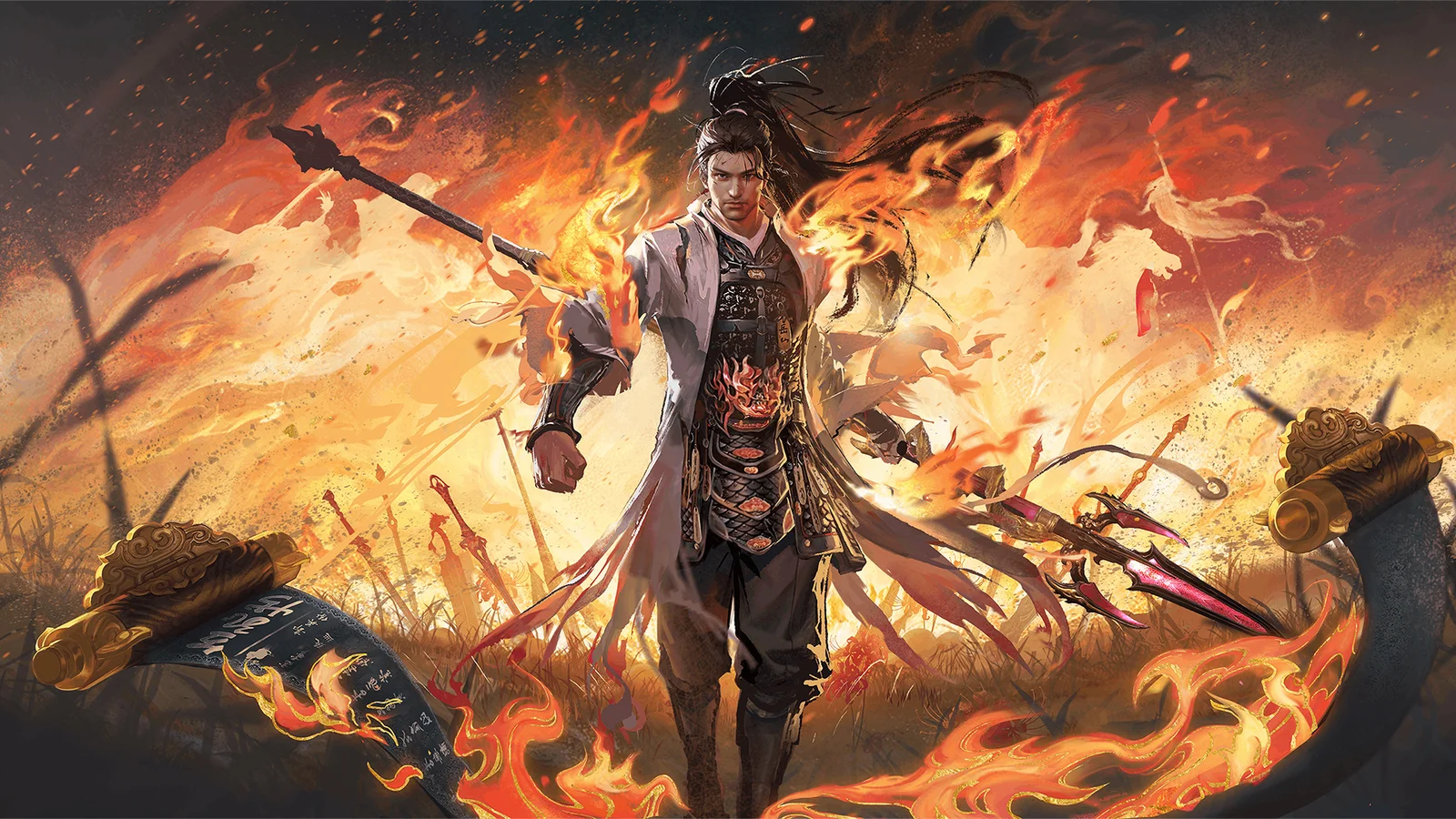 一名手持长剑的动漫风格武士站在熊熊烈焰与烟尘之中。