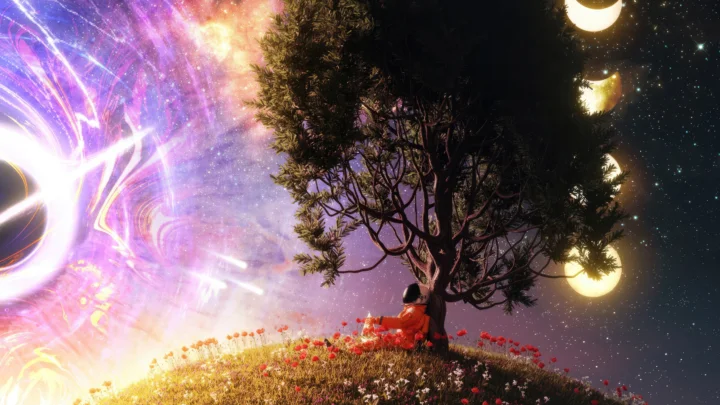 绚丽的紫色星云、繁星与月亮映照着一棵树的剪影。