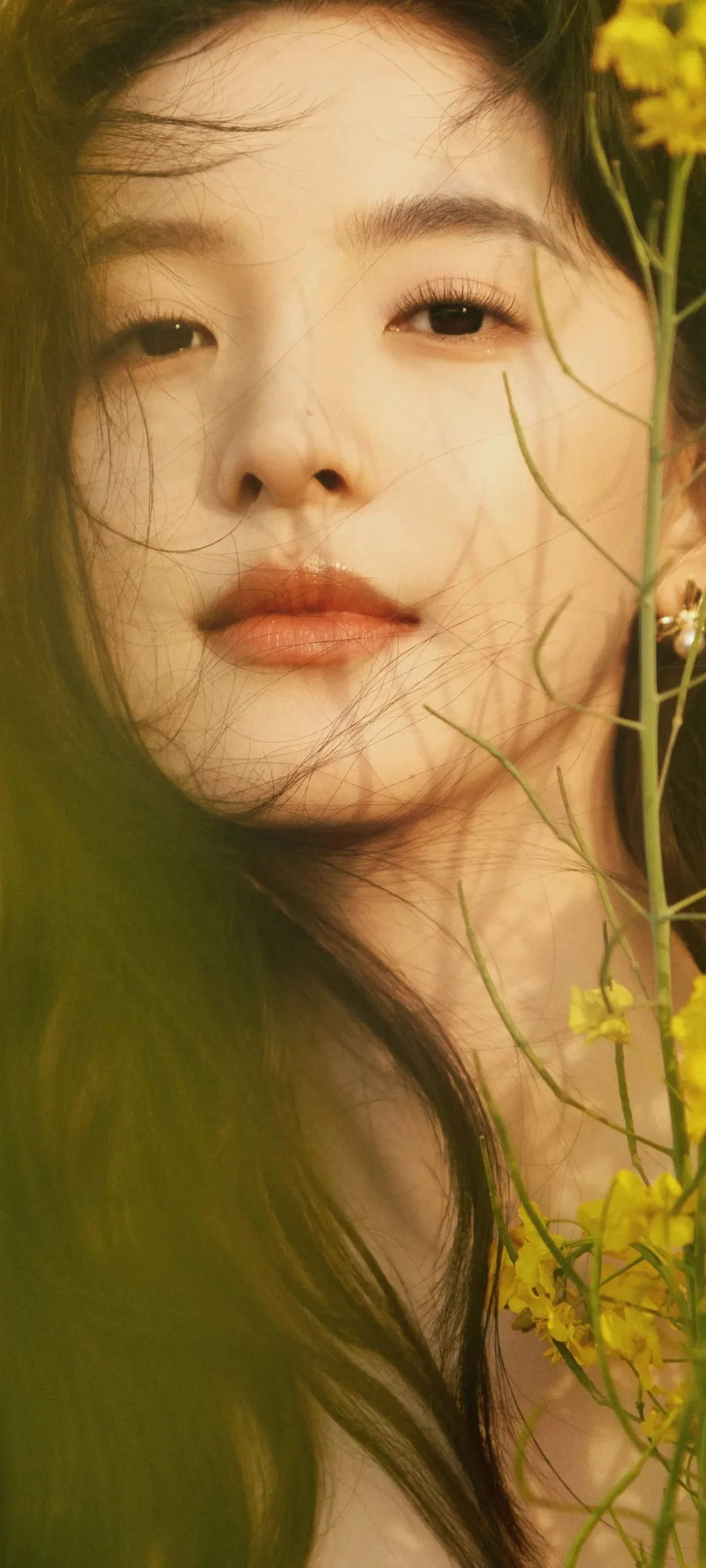 一位女性的面部特寫被綠色枝葉和黃色小花環繞。