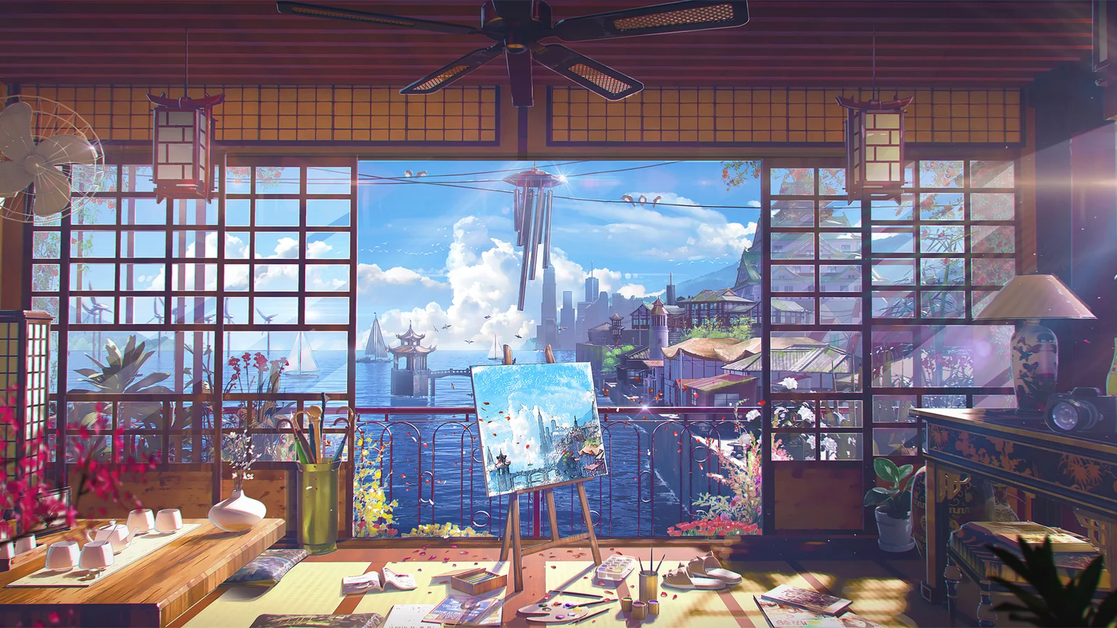 阳光照进带有画架和画具的室内空间，窗外可见蓝色海面与城市天际线。