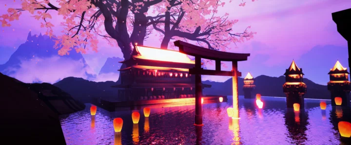 粉紫色天空下，樱花树、红色鸟居、神社建筑与水面灯笼倒影构成一幅幻想风景。