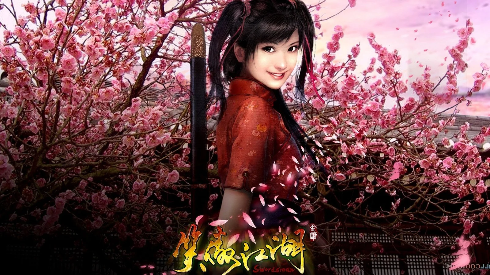 一名身穿红衣的动漫少女站在盛开的樱花树前，画面下方带有装饰性文字。