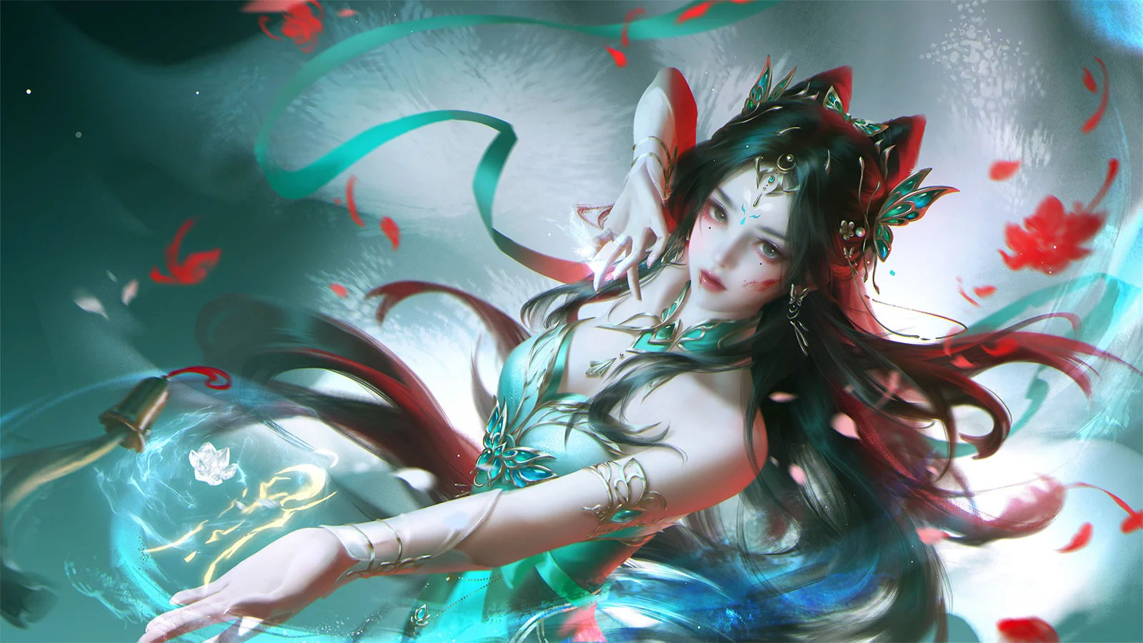 畫面展現一位長髮動漫女性角色，身穿華麗服飾，周圍環繞著飄落的紅色花瓣與流動光影。