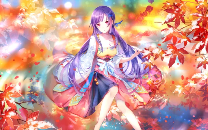一名紫色长发的动漫少女置身于缤纷秋叶与明亮光影之间。