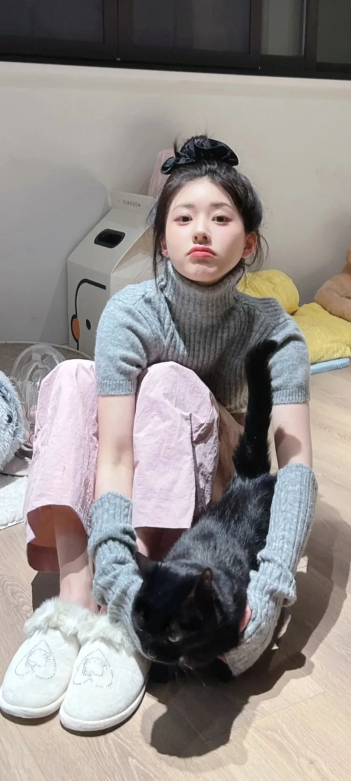 一名穿灰色毛衣的女性坐在室内地板上，怀里抱着一只黑猫，旁边有一只白猫。