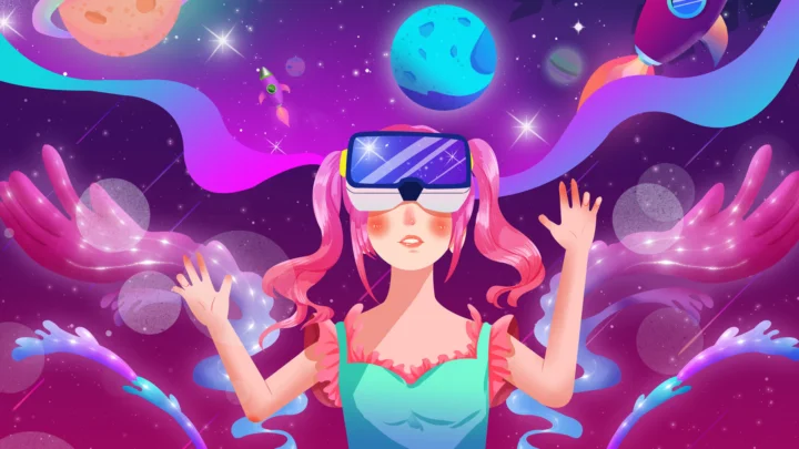 一名戴着虚拟现实头显的动漫风格女性置身于充满行星、星星和彩色光带的奇幻宇宙中。