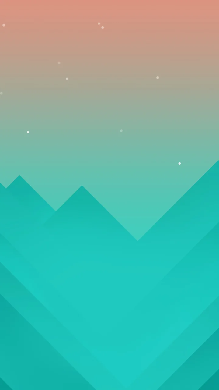 画面以珊瑚色至青绿色的渐变为背景，叠加了多层锐角几何图形和少量白色点状元素。