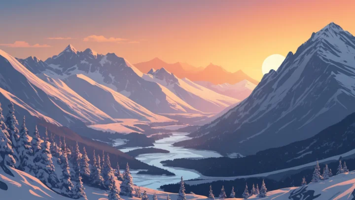 夕日に照らされた雪山と、谷間を曲がりくねって流れる川が描かれています。