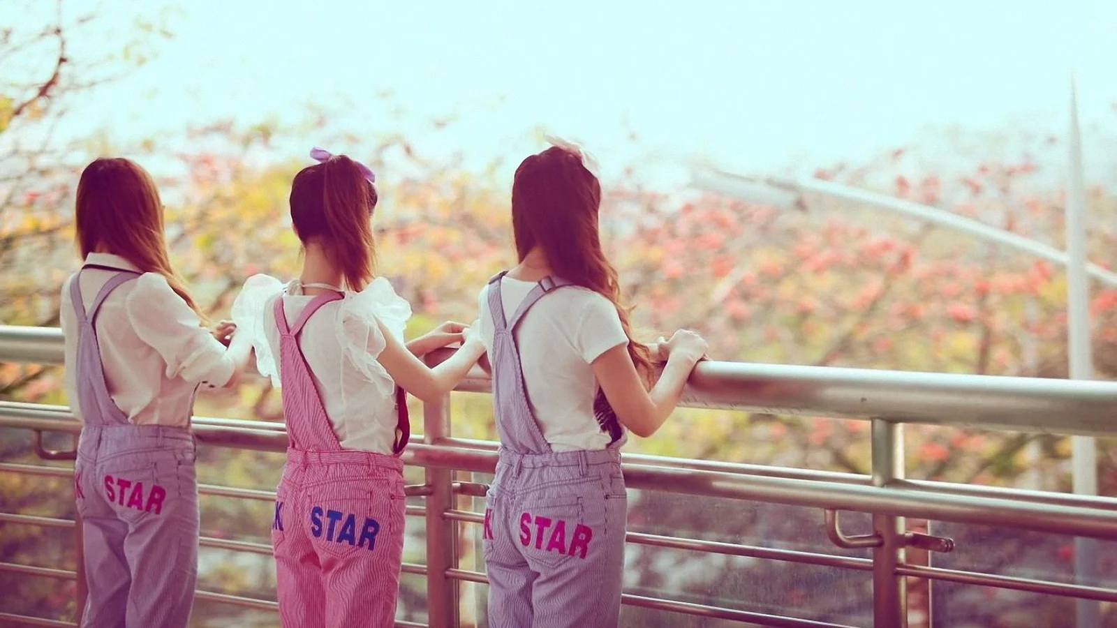 3人の女性が手すりのそばに背を向けて立ち、遠くに花の咲いた木々が見えます。