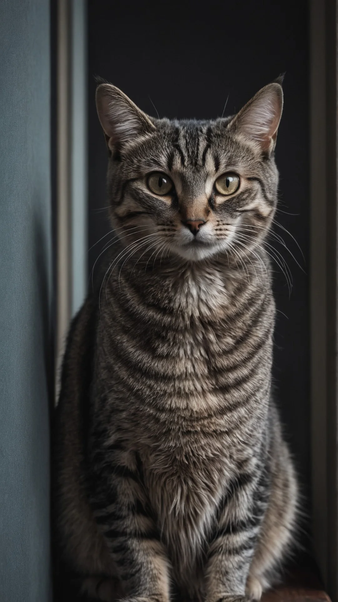 灰色のトラ猫が暗い背景の前で正面を向いて座っています。