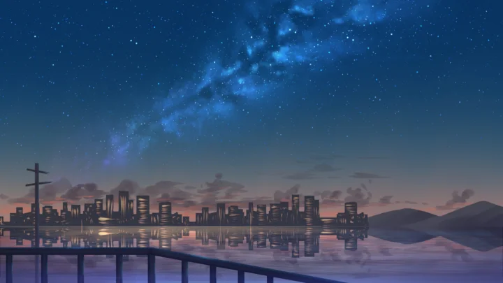 银河横跨夜空，城市天际线和桥梁倒映在平静的水面上。