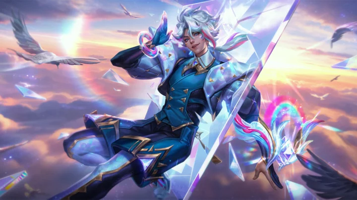 一名白发动漫剑士置身绚丽的夕阳天空中，周围漂浮着碎裂的玻璃与飞鸟。