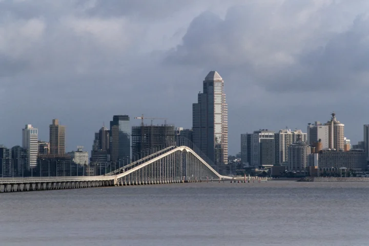 阴云下的城市天际线沿河展开，一座白色拱桥横跨前景水面。