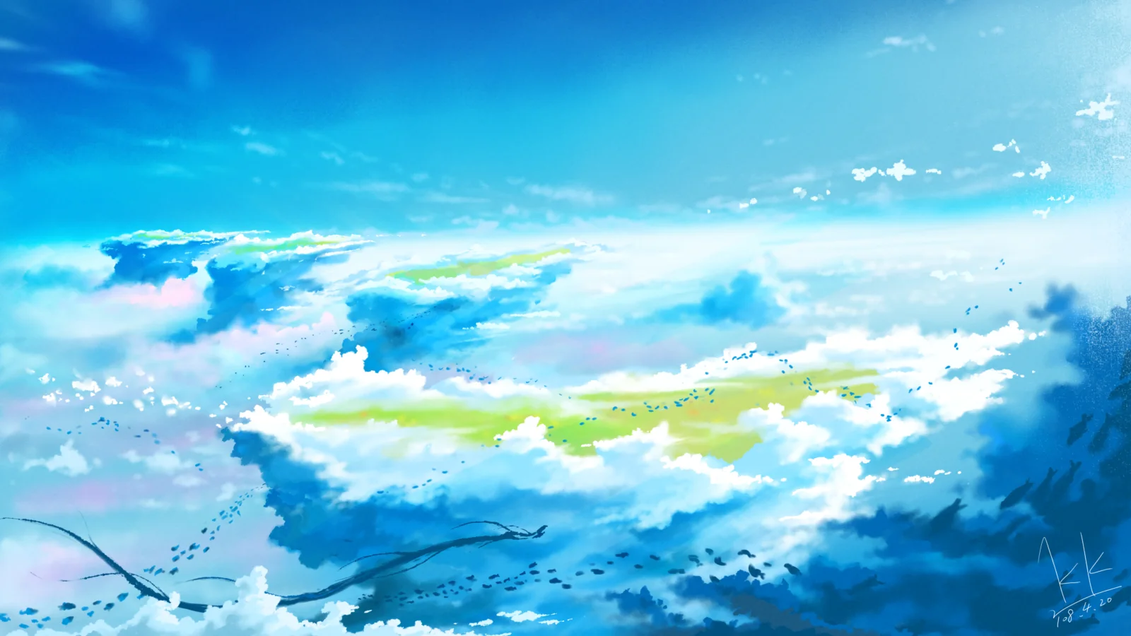 明るい青空に重なり合う白い雲が広がるアニメ風のイラストです。