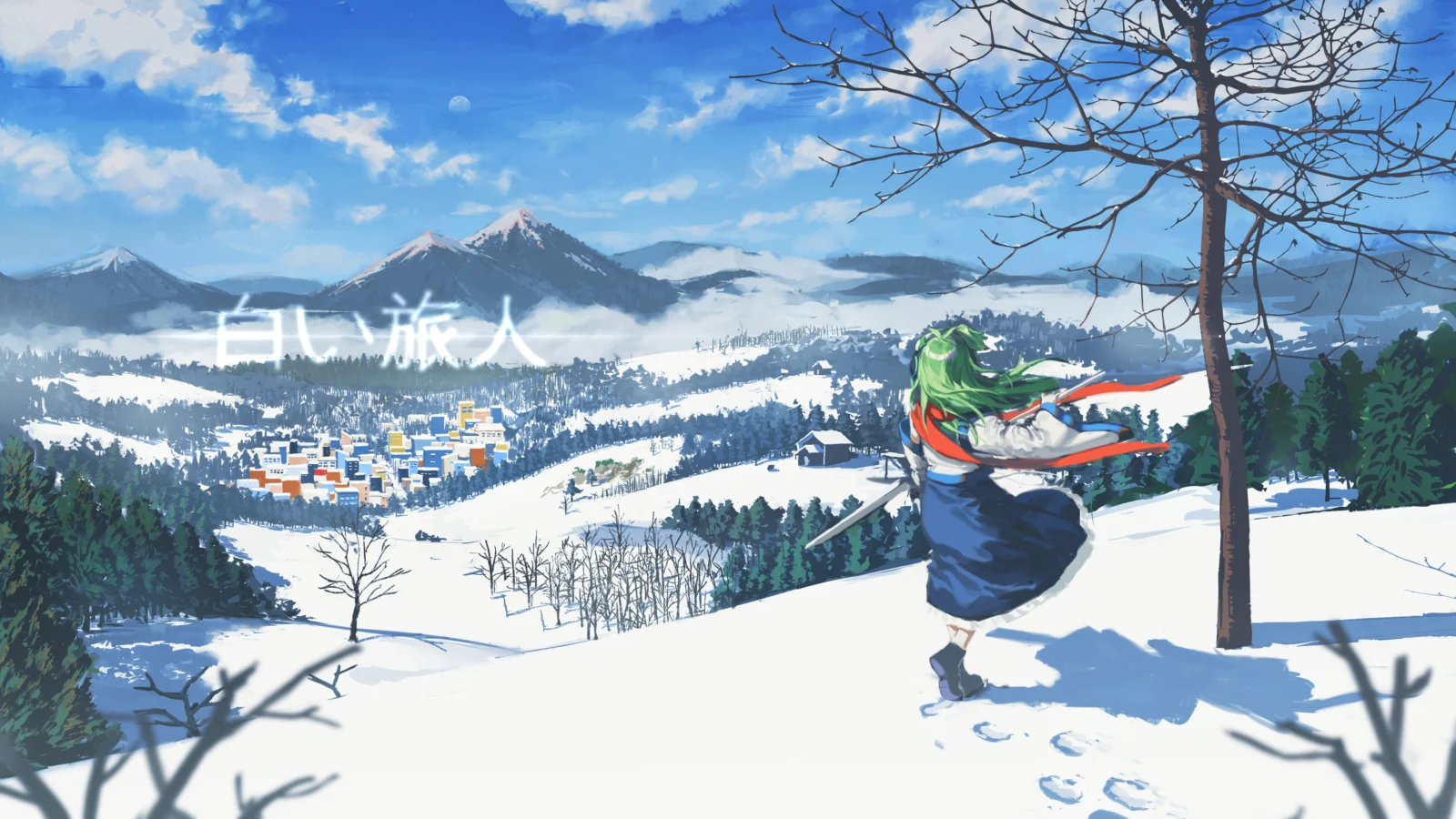 一名绿发动漫角色站在积雪山坡上，俯瞰远处的雪山、森林和村落。