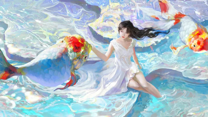一名身穿白裙的动漫风格女子坐在流动的水面上，周围环绕着色彩鲜艳的锦鲤。