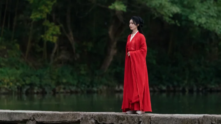 一名身穿红色长裙的女子站在森林湖畔的石岸上。