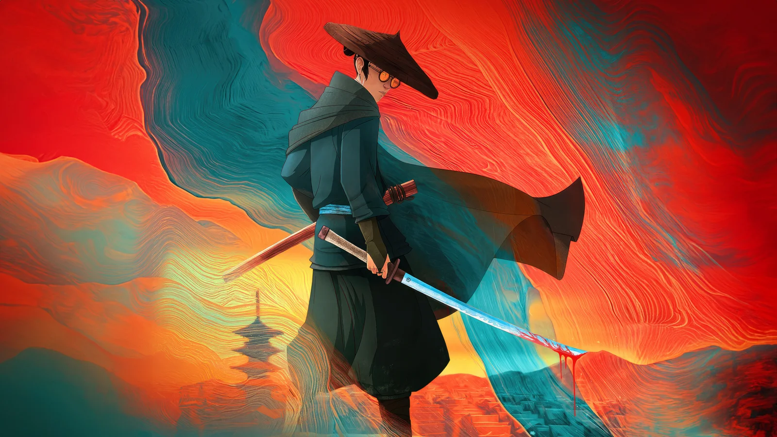 画面中央是一名手持长剑的武士风动漫人物，背景由红色、蓝绿色和橙色的流动抽象纹理组成。