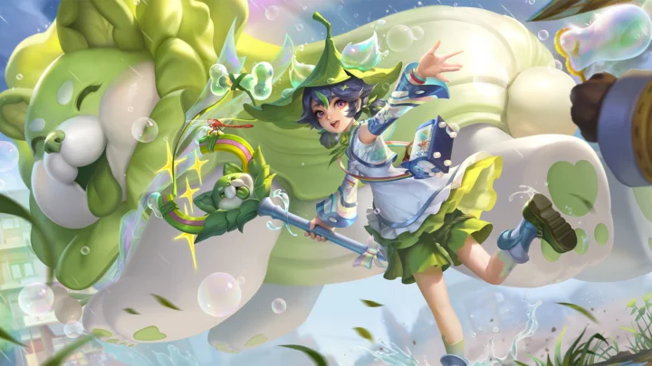 一名手持魔法长杖的动漫角色与绿色奇幻生物置身泡泡环绕的明亮梦幻场景中。