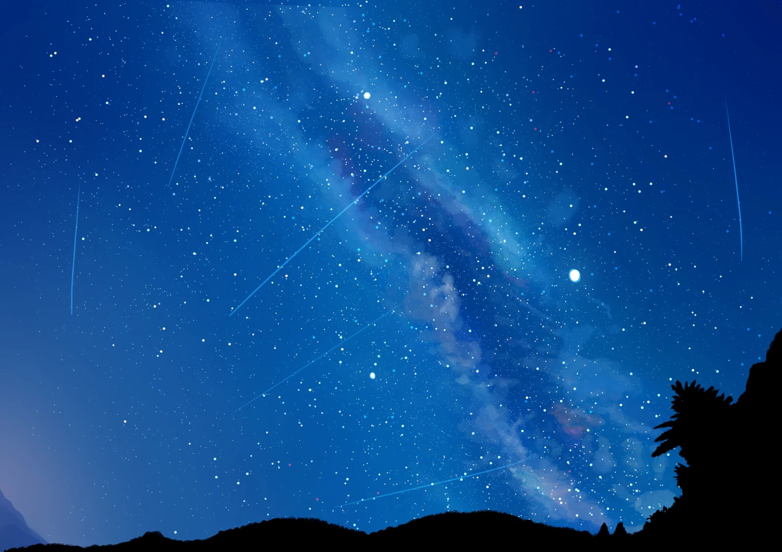 深蓝色夜空中布满繁星，明亮的银河横跨画面，底部映衬着黑色山脊剪影。