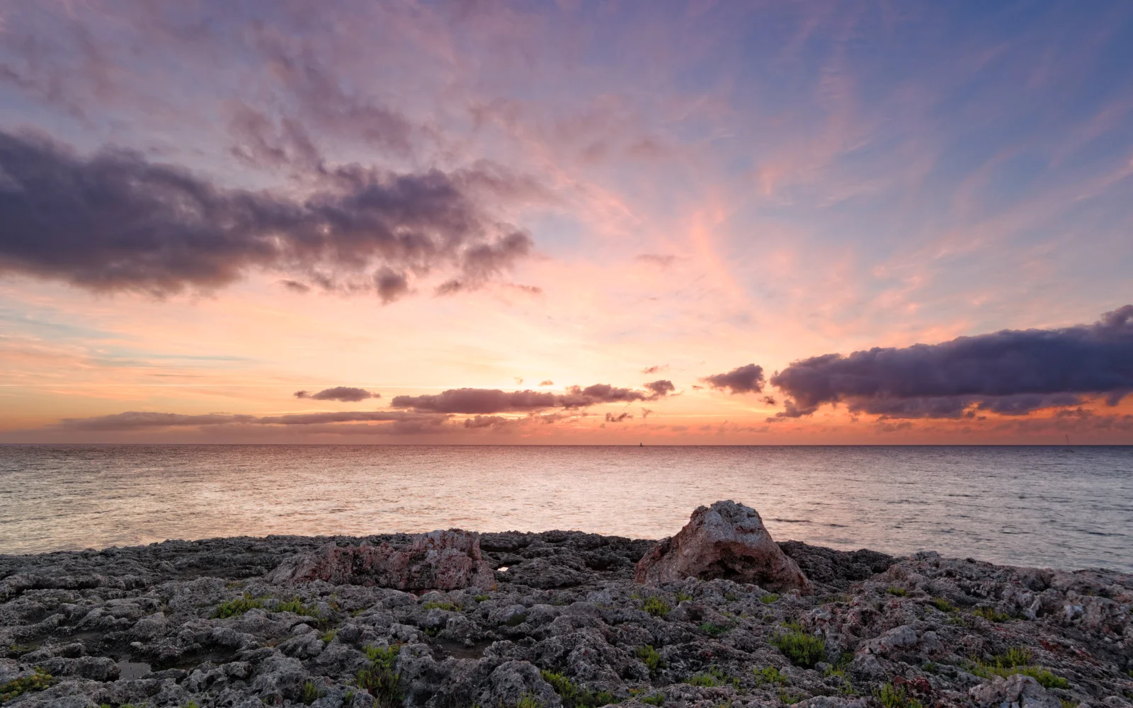 夕阳映照着平静海面，前景是粗粝的岩石海岸，天空铺展着粉紫色云彩。