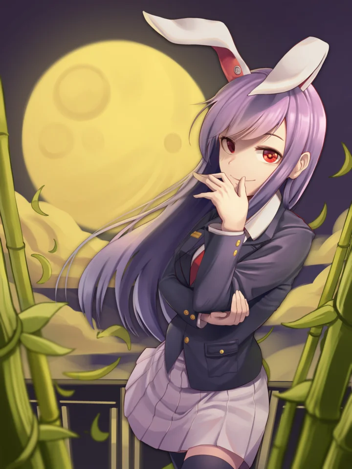 紫色の髪とウサギ耳を持つアニメ風の少女が、明るい満月と竹の葉の前に描かれている。