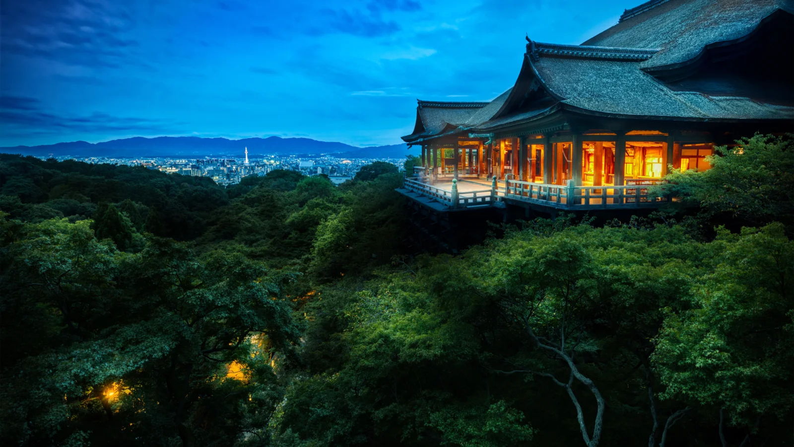 夜色中的传统寺庙坐落在浓密树冠之上，远处可见灯火璀璨的城市与山脉。
