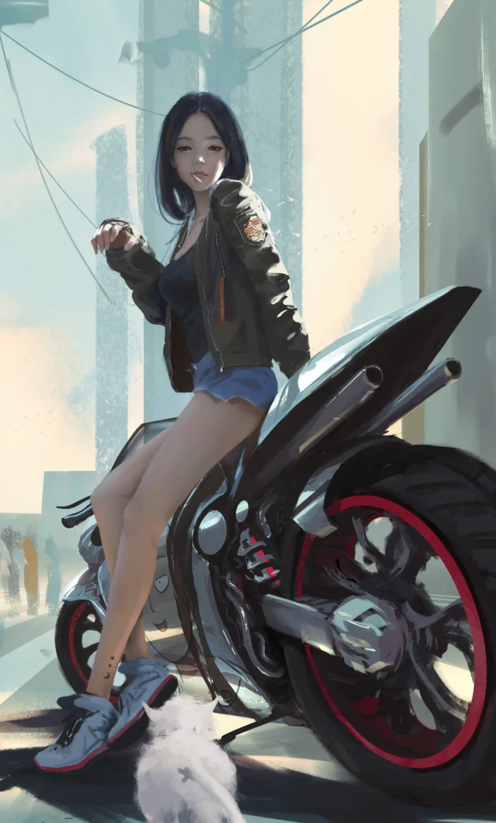 アニメ風の成人女性がバイクに座り、手前に小さな白い犬、背景に明るい都市の建物が描かれています。