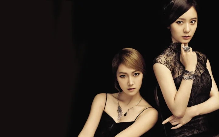 两名成年女性身穿黑色礼服，在黑色背景前进行时尚肖像拍摄。