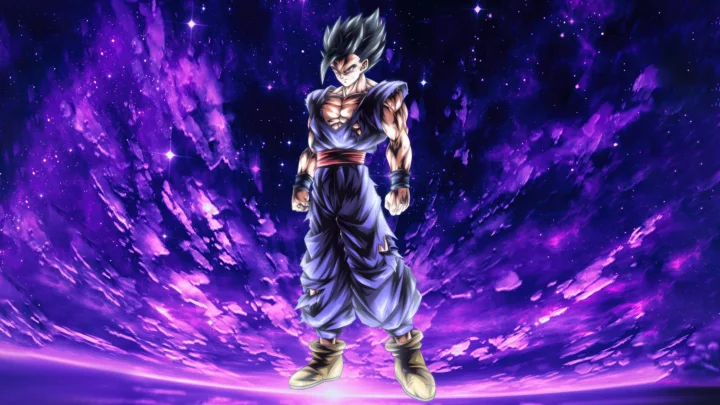 紫色星空与发光云雾背景中央站着一名身穿深色服装、留着尖刺黑发的动漫风格男性角色。