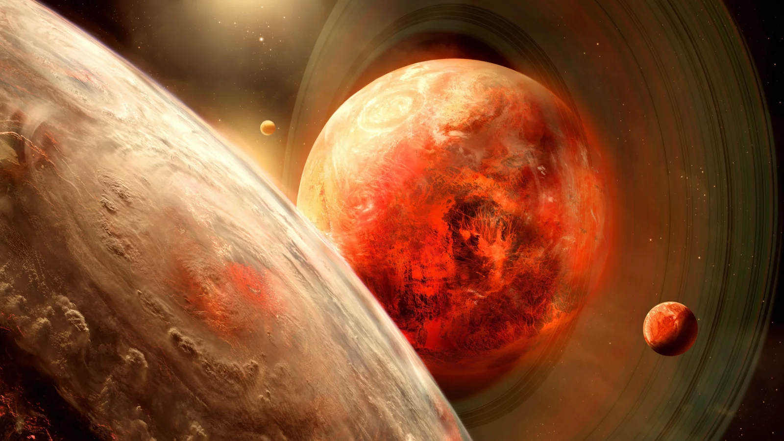 画面展示一颗巨大的红色行星、一颗带环的前景星球和深空中的星点。