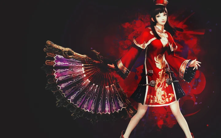 画面中一名身穿红色传统服饰的动漫女性展开折扇站在深色红黑背景前。