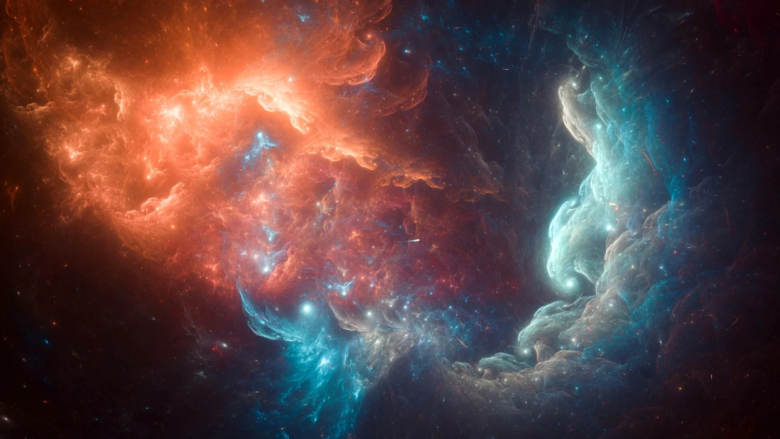 画面呈现红橙与蓝青交织的绚丽星云和散布其中的星点。