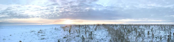 夕阳映照着积雪覆盖的海岸，远处海平面与云层相接。