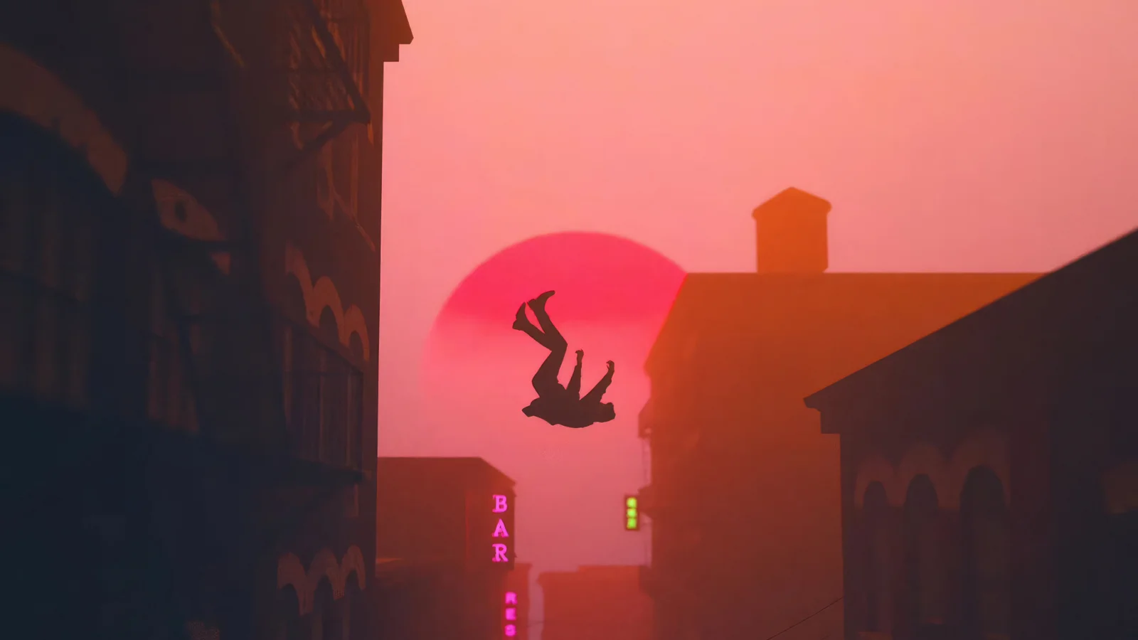 深色建筑环绕着一轮红色夕阳，中央悬浮着一个倒置的人形剪影。