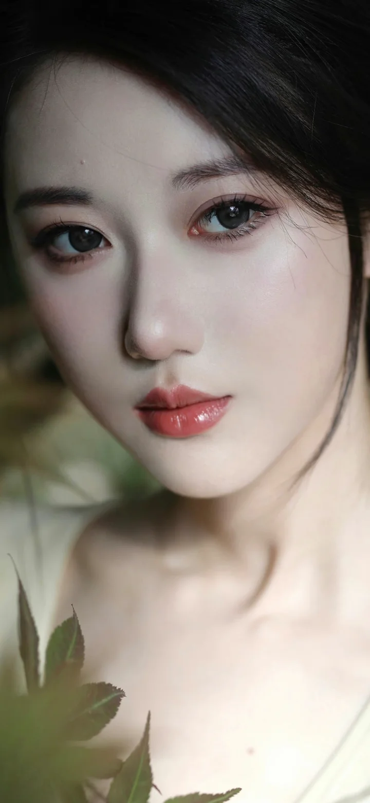 一位成年女性的近距离肖像，柔和光线映照着她的面容，前景带有虚化的绿色植物。