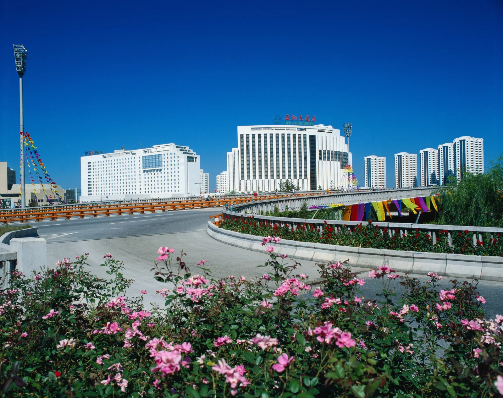 蓝天下的城市建筑、高架道路和盛开的花坛构成了明亮的城市景观。
