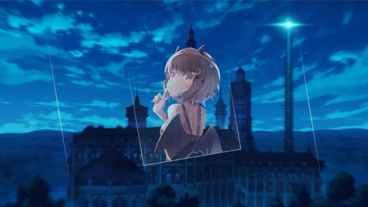 蓝色夜空下，一名动漫女孩置于城市建筑剪影前的画面。